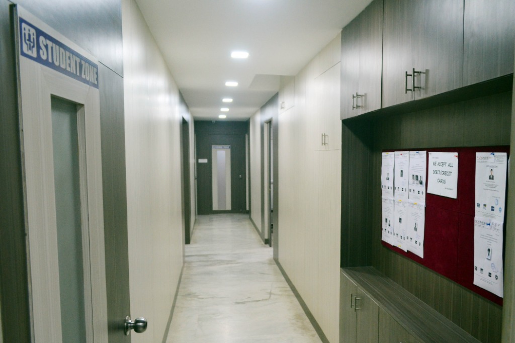 Student Zone corridor at Fly Air Aviation Academy campus Chennai showing placement notices